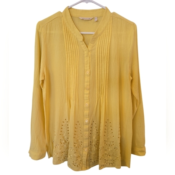 SOFT SURROUNDINGS LEMON YELLOW GLAM GAUZE PLEATED EYELET BLOUSE. SIZE LARGE. - Picture 1 of 9